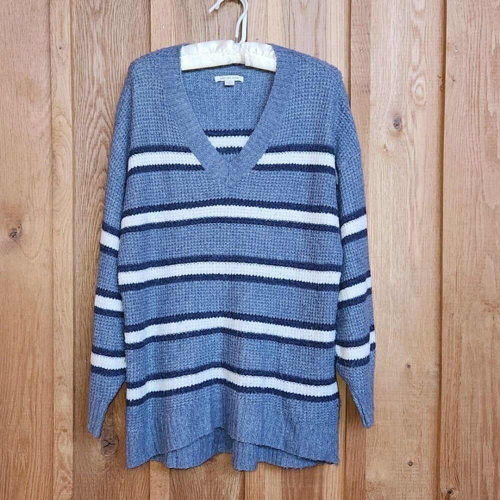 American Eagle V-Neck Oversized Tunic Knit Sweater Small Grey Blue White Stripes